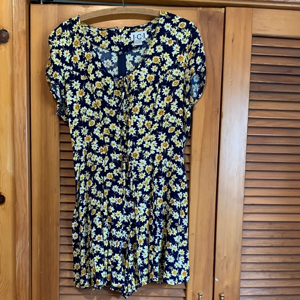 Navy Daisy Print Button-Front Dress